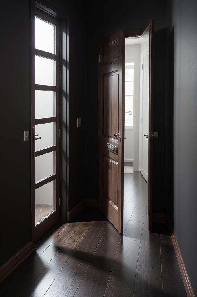 Generates an image of a dark wooden door, on a black wall with a gray floor