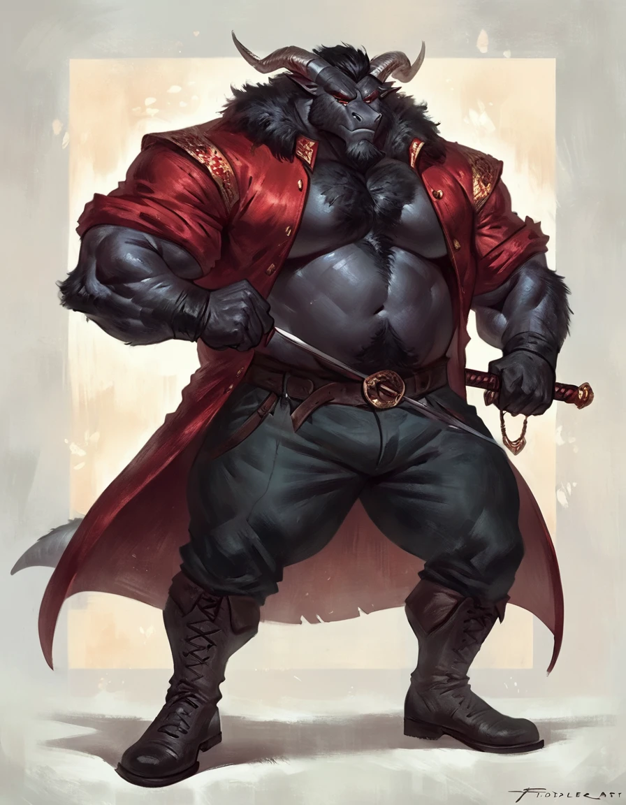 too Average sized, Anthropomorphic dragon his physique is achieved through a meticulous distribution of muscle and fat that creates a bulky body. Black scales. Black fur. Black Hair. Skin is a rich, deep black, with a subtle shimmer. His eyes are a piercing shade of Imperial red, framed by thick eyebrows. His attire, a black gambeson padded overcoat fabric vest with short sleeves, and with striking red salmon accents and intricate silver metal ornaments, is both functional and symbolic. The gambeson, a padded garment, The silver metal ornaments. Fur is predominantly black with salmon red-colored highlights. His chest hair is kept at a moderate length. Wielding a slashing sword in a rapier-like's hilt. Rapier aggressive stance. His predominant color is black and he got imperial red details. Anthro Artist Taran Fiddler art Style, epic character, olhos detalhados, Olhos lindos, escalas detalhadas.