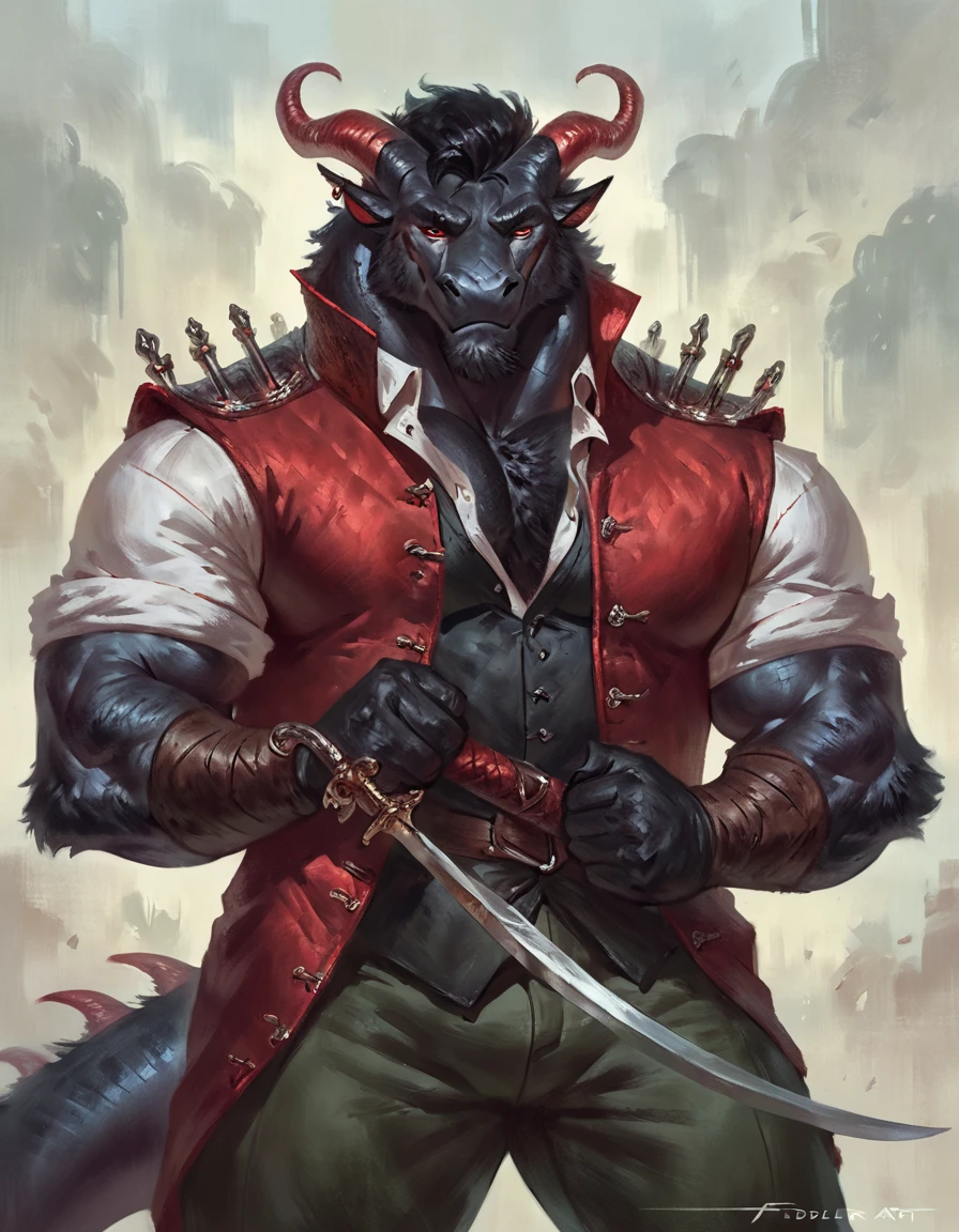 too Average sized, Anthropomorphic dragon his physique is achieved through a meticulous distribution of muscle and fat that creates a bulky body. Black scales. Black fur. Black Hair. Skin is a rich, deep black, with a subtle shimmer. His eyes are a piercing shade of Imperial red, framed by thick eyebrows. His attire, a black gambeson padded overcoat fabric vest with short sleeves, and with striking red salmon accents and intricate silver metal ornaments, is both functional and symbolic. The gambeson, a padded garment, The silver metal ornaments. Fur is predominantly black with salmon red-colored highlights. His chest hair is kept at a moderate length. Wielding a slashing sword in a rapier-like's hilt. Rapier aggressive stance. His predominant color is black and he got imperial red details. Anthro Artist Taran Fiddler art Style, epic character, olhos detalhados, Olhos lindos, escalas detalhadas.