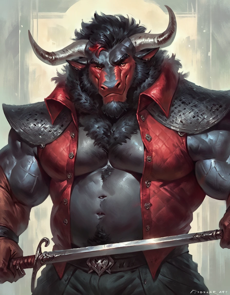 too Average sized, Anthropomorphic dragon his physique is achieved through a meticulous distribution of muscle and fat that creates a bulky body. Black scales. Black fur. Black Hair. Skin is a rich, deep black, with a subtle shimmer. His eyes are a piercing shade of Imperial red, framed by thick eyebrows. His attire, a black gambeson padded overcoat fabric vest with short sleeves, and with striking red salmon accents and intricate silver metal ornaments, is both functional and symbolic. The gambeson, a padded garment, The silver metal ornaments. Fur is predominantly black with salmon red-colored highlights. His chest hair is kept at a moderate length. Wielding a slashing sword in a rapier-like's hilt. Rapier aggressive stance. His predominant color is black and he got imperial red details. Anthro Artist Taran Fiddler art Style, epic character, olhos detalhados, Olhos lindos, escalas detalhadas.