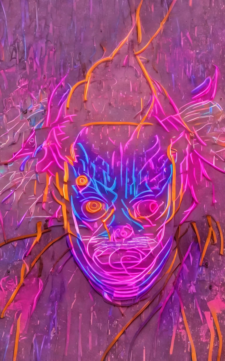 In the heart of an eerie, neon-lit urban decay, graffiti-laden walls pulse with dark fantasy. A menacing warrior steps forward, his dark armor bristling with skulls and spikes. Pale, scarred skin contrasts with glowing cyan eyes. A mask with red stripes and metallic tubes obscures his face, while a mohawk sweeps to one side. His shoulder pads flaunt large skull motifs, and a central skull with sharp spikes dominates his chest plate. The misty sky looms behind, amplifying his intimidating presence in this cinematic graffitipunk scene.