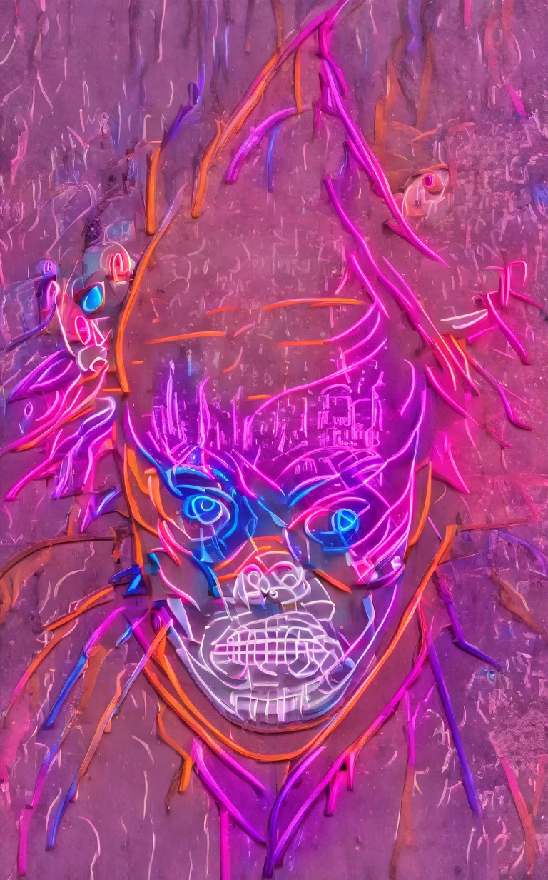 In the heart of an eerie, neon-lit urban decay, graffiti-laden walls pulse with dark fantasy. A menacing warrior steps forward, his dark armor bristling with skulls and spikes. Pale, scarred skin contrasts with glowing cyan eyes. A mask with red stripes and metallic tubes obscures his face, while a mohawk sweeps to one side. His shoulder pads flaunt large skull motifs, and a central skull with sharp spikes dominates his chest plate. The misty sky looms behind, amplifying his intimidating presence in this cinematic graffitipunk scene.