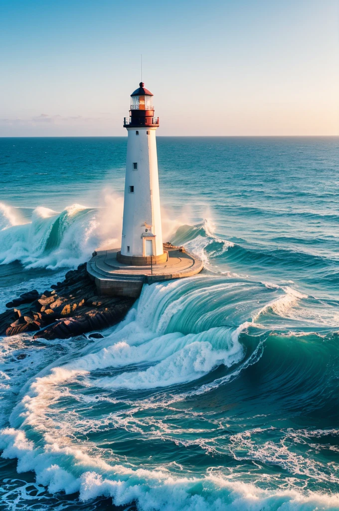 Sea, raging waves, beach, sky is blue, sunny, lighthouse, ship, break