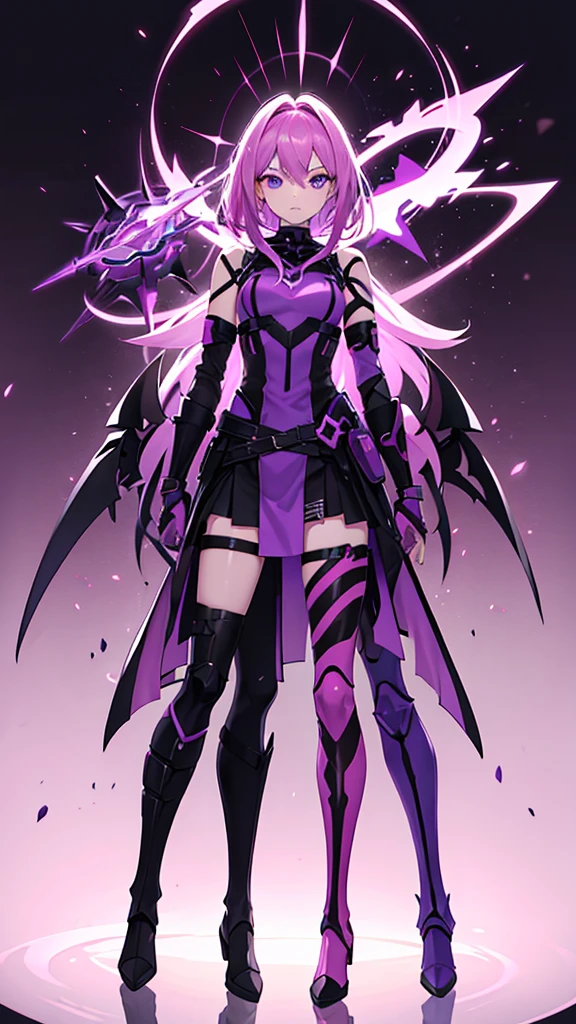 ### armor:
- **color principal:** bright pink.
- **dark sections:** Parts of the armor are a dark purple, specifically on the shoulders, forearms, elbows, upper and lower chest, and knees.
- **Design:** tight to the body, covering from neck to toe. The armor features a segmented design with lines and sections that appear to provide flexibility and additional protection.
- **chest:** The upper part of the chest has two purple horizontal stripes, while the central part of the chest has three arrows pointing downwards.
- **arms:** Los hombros y forearms presentan grandes áreas de color púrpura oscuro.
- **legs:** The knees and a section at the top of the boots are dark purple.
### For the:
- **color:** bright pink, similar to main armor color.
- **Style:** Short and smooth, with bangs that fall over the forehead, partially covering one of your eyes.
### Other details:
- **gloves:** Same dark purple color as the armor sections.
- **Boots:** bright pink con detalles en púrpura oscuro.