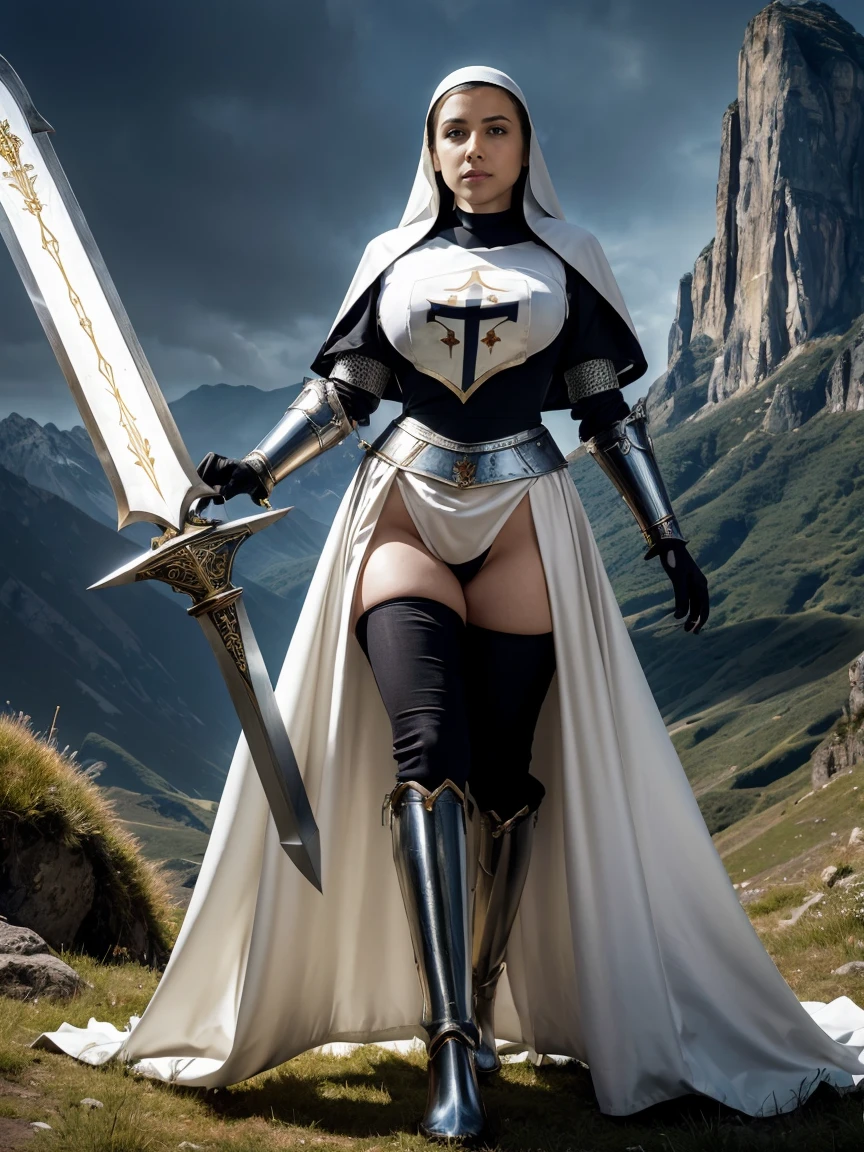 (masterpiece, top quality, best quality, official art, beautiful and aesthetic:1.2), (1girl:1.3), ((Sharp facial features, sharp features, gorgeous features)), ((steel grey eyes)), busty raven haired paladin knight girl, extremely detailed, portrait, looking at viewer, solo, (full body:0.6), detailed background, full-body shot, (warm mountain meadow theme:1.1), holy knight, (sex nun), charlatan, smirk, mysterious, swaying in mountains, skimpy armor, polished metal, gold trim, long boots, white fabric, pelvic curtain, robe, pale leather, ((((nun, greatsword, corona, holy aura, heavy armor, armored, long legs, pelvic curtain, toned, muscular)))), slim waist, slim hips, long legs, medieval (mountain exterior:1.1) background, dark mysterious lighting, shadows, magical atmosphere, dutch angle