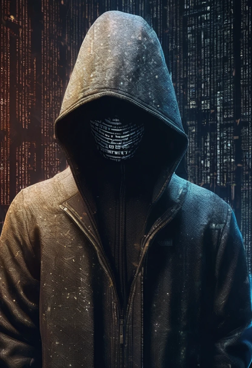 Masterpiece quality wallpaper, Hacker, wearing vendetta mask, binary numbers in background, highly detailed and stylized, 8K UHD,