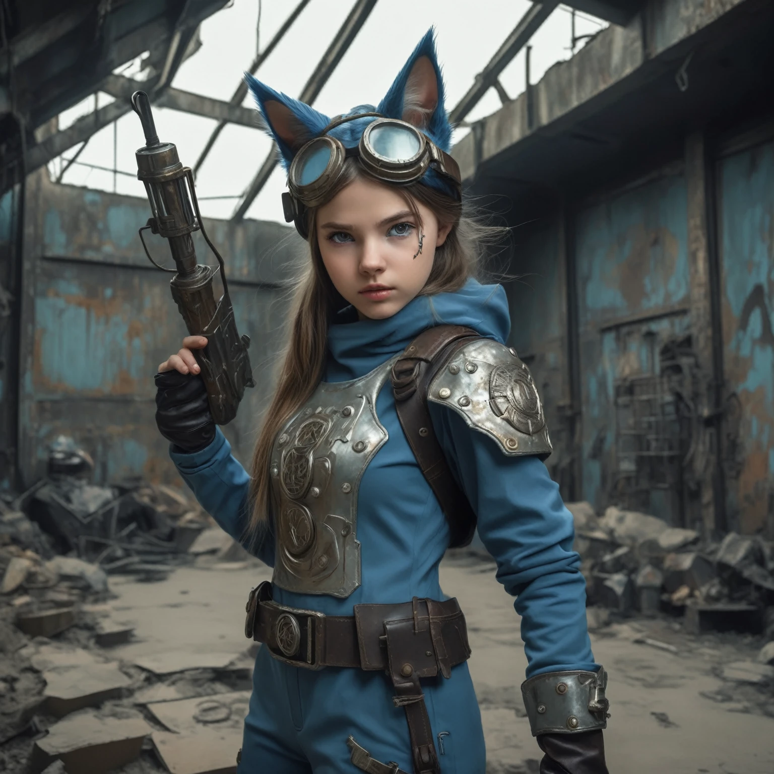 White girl, ((Anglo-Saxon)) ,wearing (vaultsuit with pipboy3000 on wrist) standing in a rundown rusty post apocalyptic steel bunker, holding a weapon in her right hand, giant fallout monster in background, professionally color graded, professional photography, well drawn, masterpiece, hyper realistic, ultra detailed, high quality, best quality, 4k, 8k, raw, detailed and realistic eyes, , 13 years old, )) ((wearing long leather gloves cover all her fingers)), , wearing cats ears, highly detailed, vibrant,8k Ultra HD