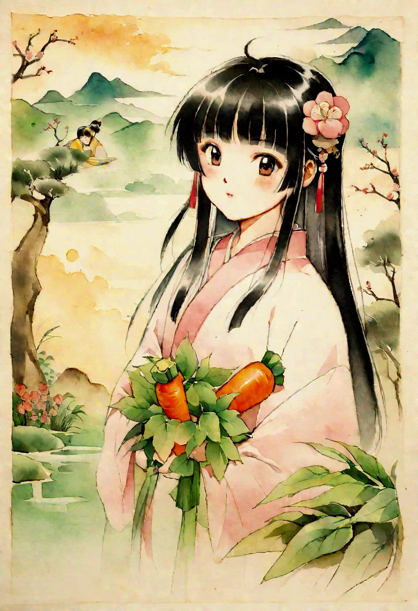 There is a photo of a man in a bunny costume holding a carrot, Leng Jun, yun ling, jinyiwei, Ancient Chinese Painting, Japan in the 90s, Artworks similar to Sheng Lam, style, jin shan, gujian, lulu chen, Retro 70s anime watercolor painting, unknown artist, inspired by Liu Jue
