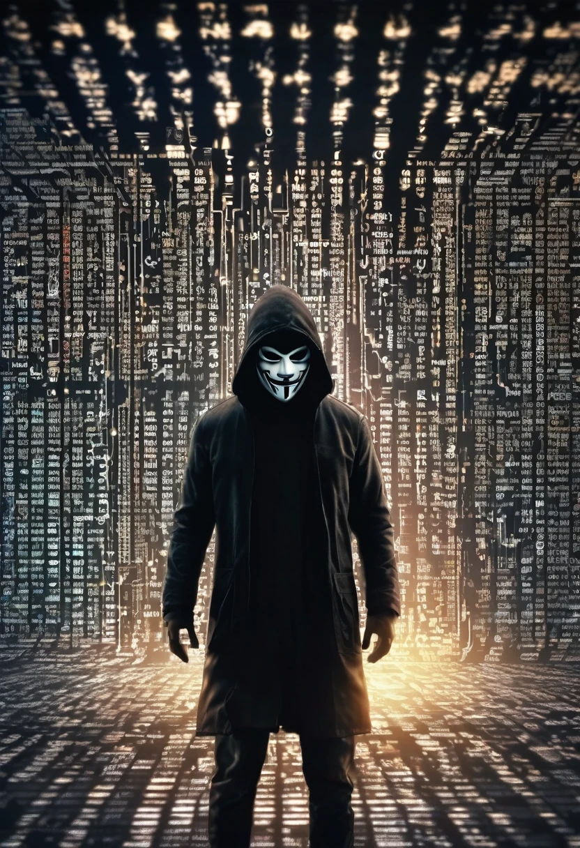 Masterpiece quality wallpaper, Hacker, wearing vendetta mask, binary numbers in background, highly detailed and stylized, 8K UHD,