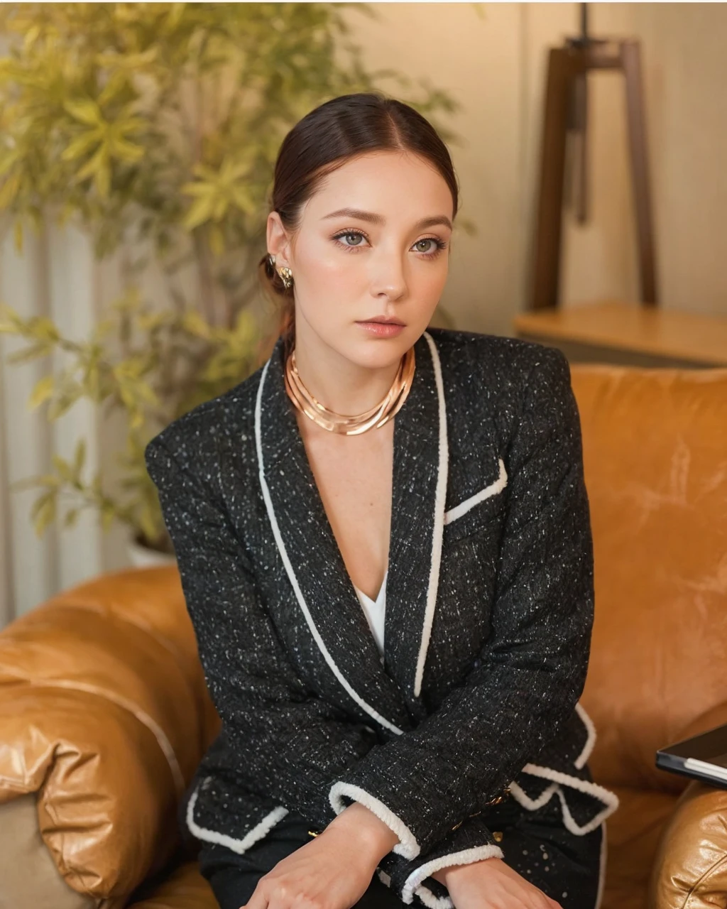 30 year old woman, copper hair, thoughtful, wearing office clothes, photography realistic