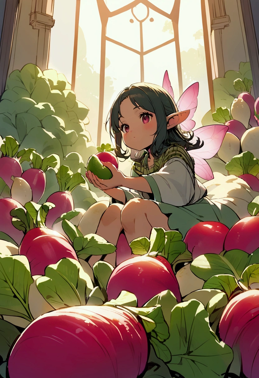 a  fairy flying over a pile of Radishes , holding one Radish on her hand
