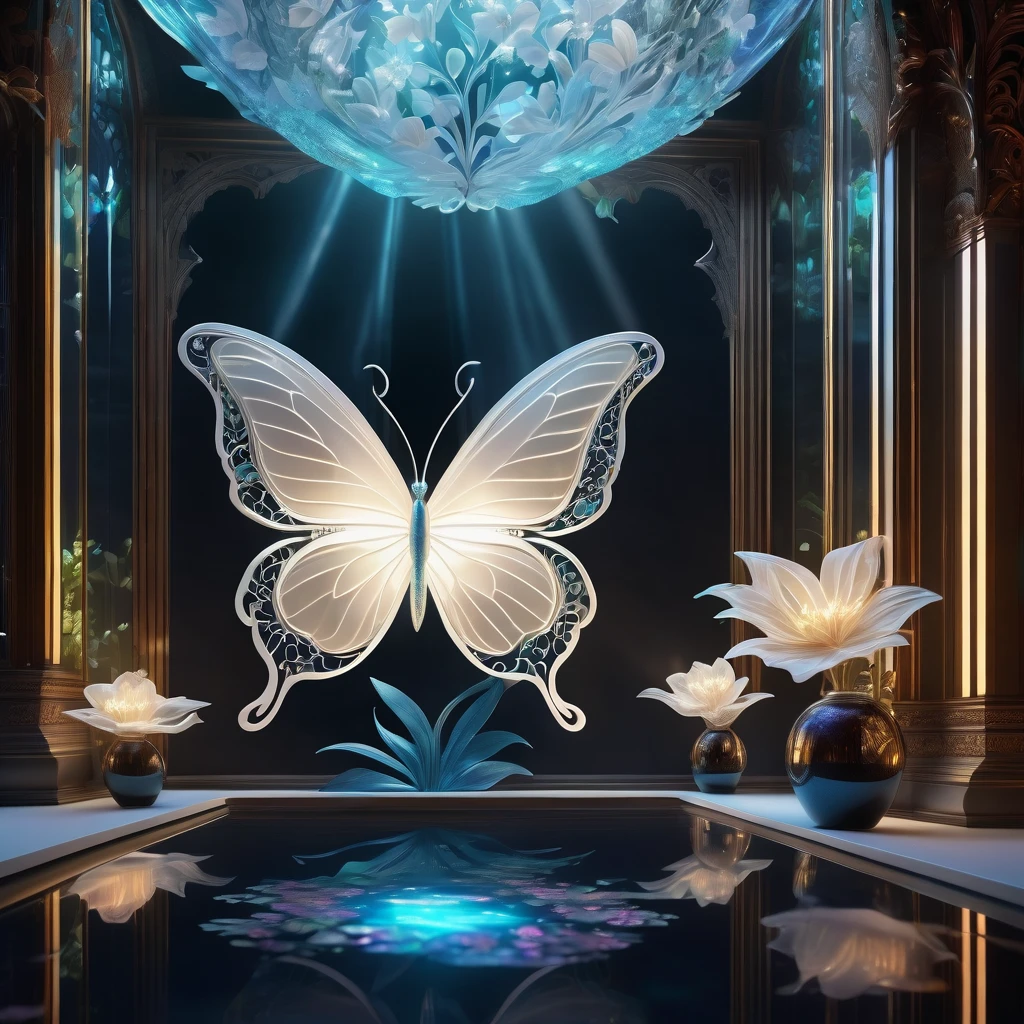 (((masterpiece that captures the essence of white butterfly:1.3))), floating of stunning carve glass flower, gothic aquarium, transparent wish. (((intricate insane details and light and shadow atmosphere:1.3))), intricate details rich colors, (((stunning beauty 32k render:1.3))), (((holographic smoke glow:1.4))),