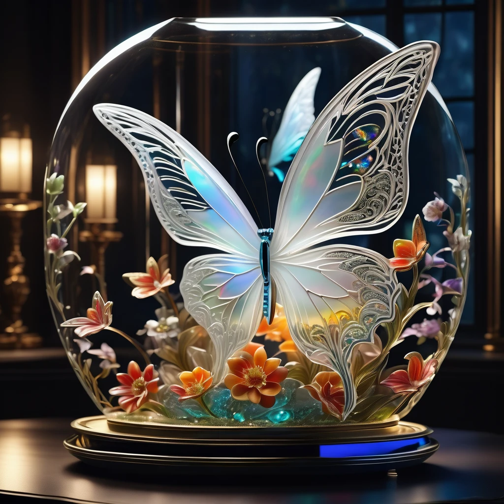 (((masterpiece that captures the essence of white butterfly:1.3))), floating of stunning carve glass flower, gothic aquarium, transparent wish. (((intricate insane details and light and shadow atmosphere:1.3))), intricate details rich colors, (((stunning beauty 32k render:1.3))), (((holographic smoke glow:1.4))),