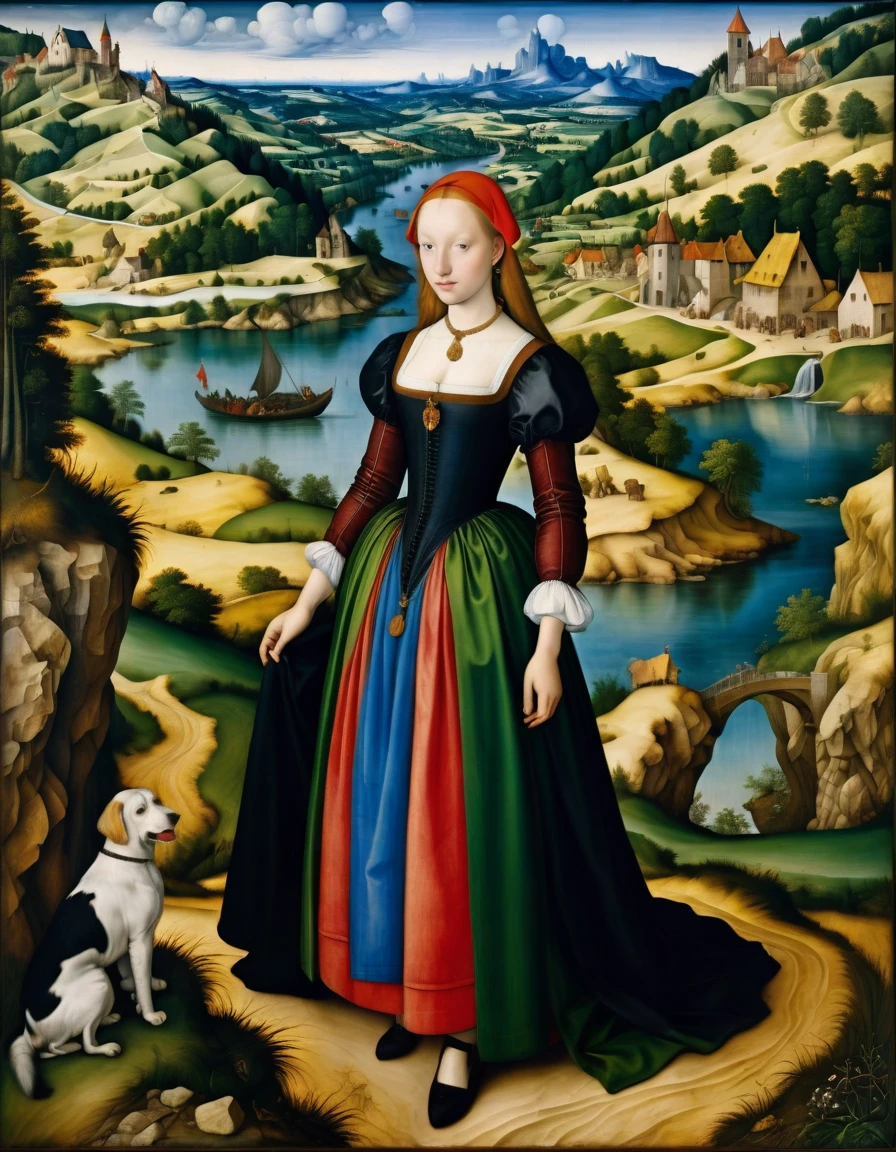 [[full-length view: young attractive girl ((style Albrecht_Durer))]/[background: (amazing Renaissance landscape based on Pieter Brueghel the Elder) (masterpiece)], oil painting, extreme detail, intricate, unusual, ((best quality))]