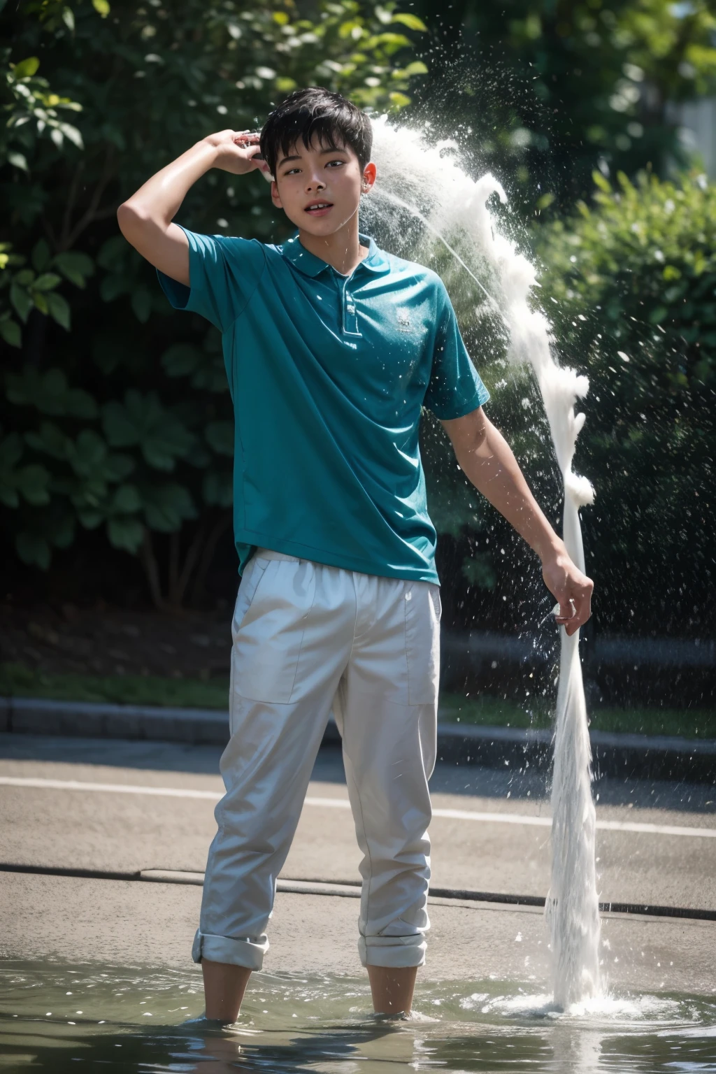 Young man dressed, throwing water in the face.