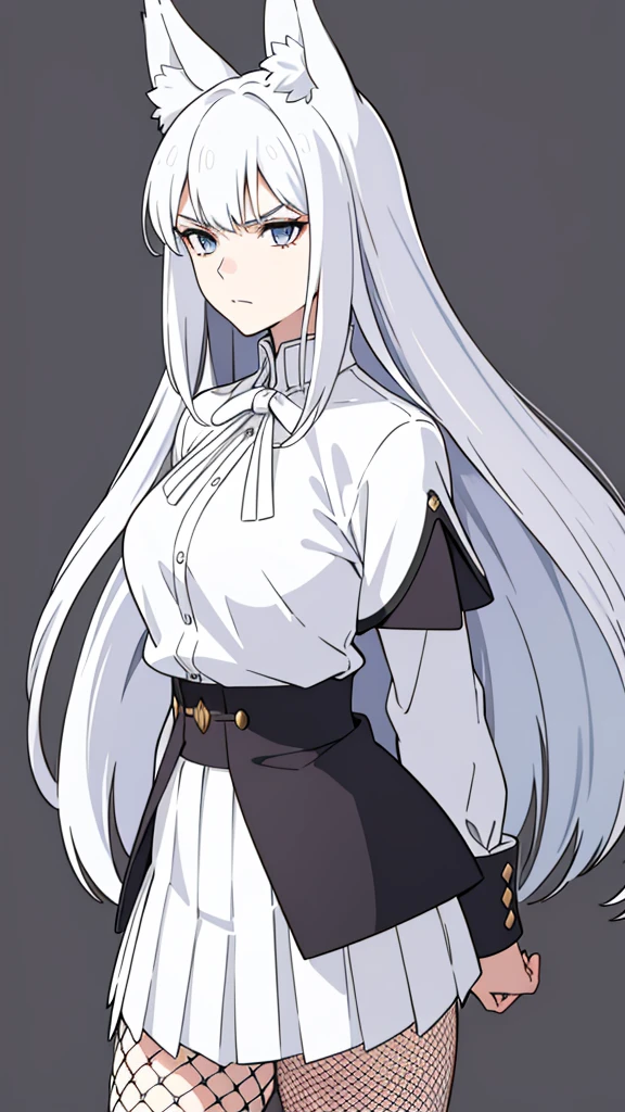 1girl ,solo,20s,mature female,serious face,white hair,long hair,fox ears,(simple background),white shirt,white skirt, fishnets,white capelet