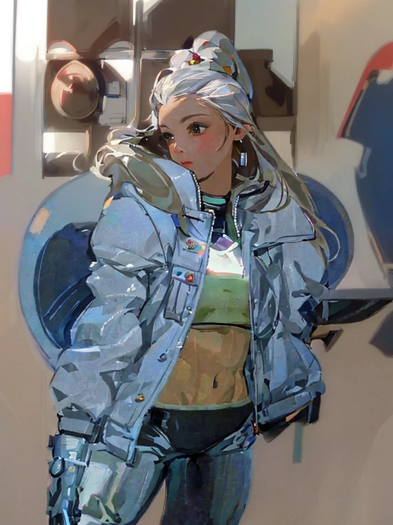Best quality, masterpiece, portrait, perfect anatomy, flawless, 1woman, solo, sexy, stylish, mature, silver pants, croptop, jacket, long hair, feminine, cool, queen, correct female anatomy,