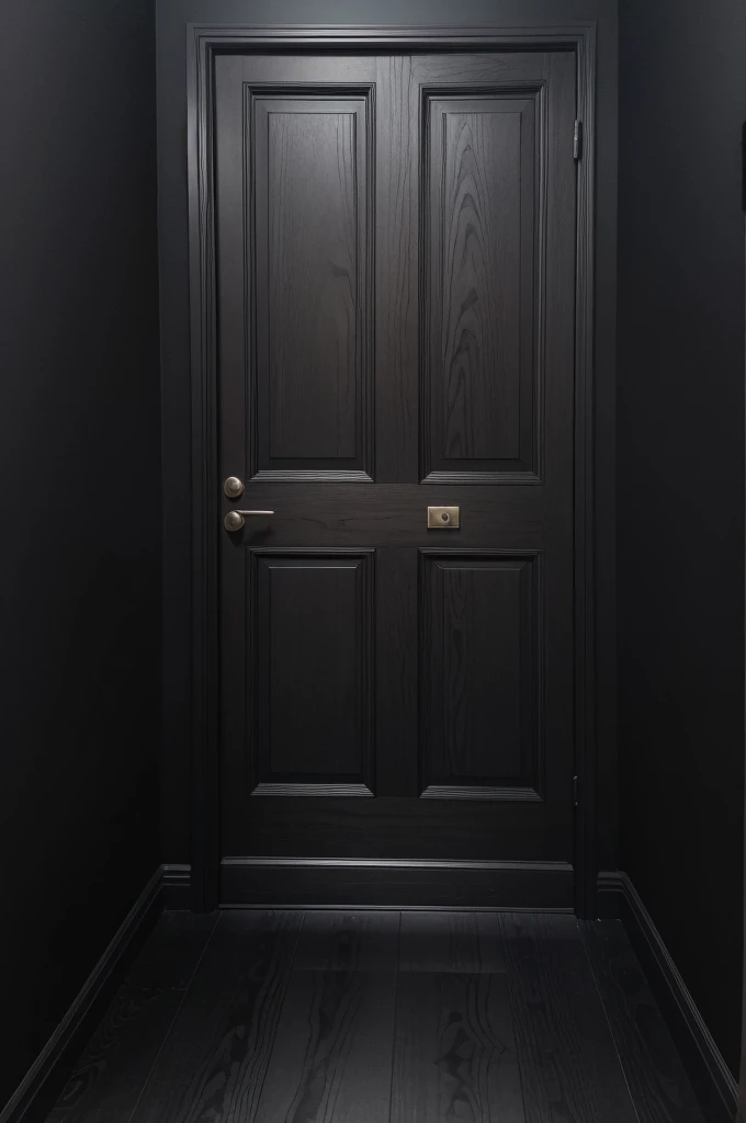 Generates an image of a dark wooden door, on a black wall with a gray floor in a large room