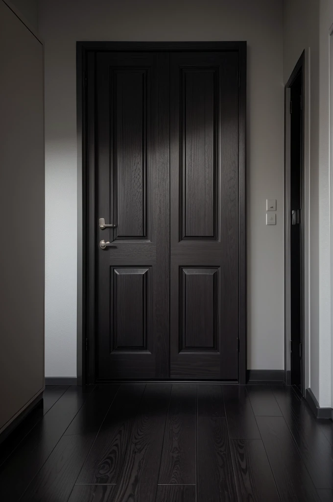 Generates an image of a dark wooden door, on a black wall with a gray floor in a large room
