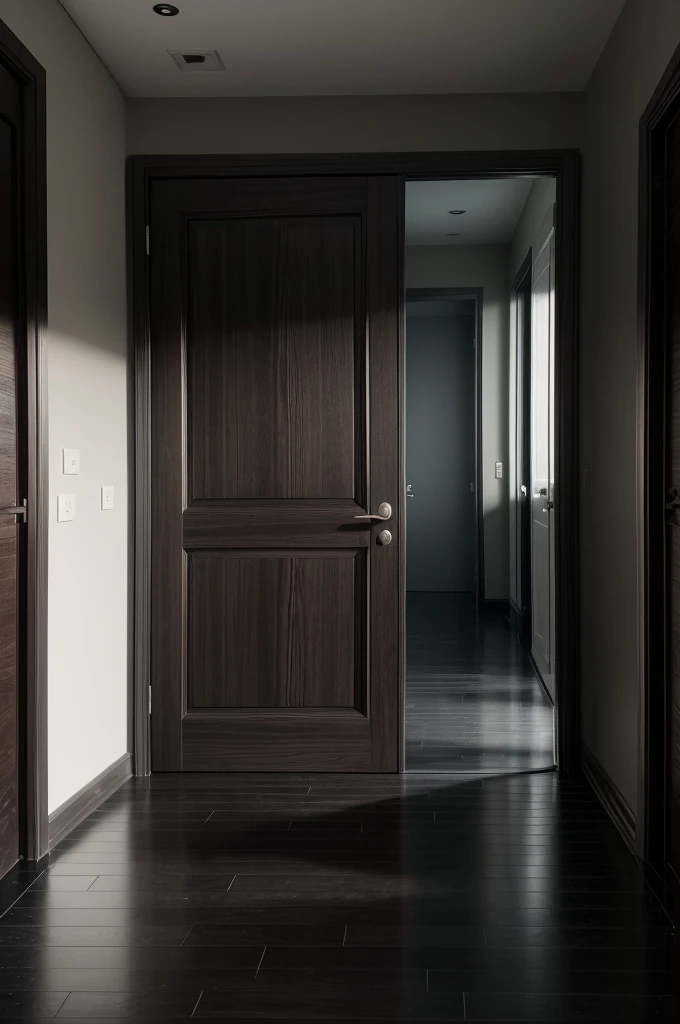 Generates an image of a dark wooden door, on a black wall with a gray floor in a large room