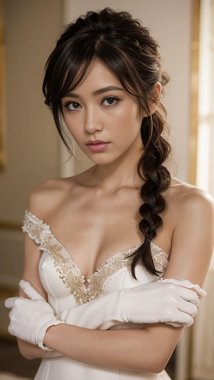 best quality, masterpiece, (photorealistic:1.4), 1girl, cowboy shot, luxury elegant bare shoulder  dress, dramatic lighting, hair over shoulders, white gloves, v arms, luxury hall background, night, japanese face, braid hair, small breasts