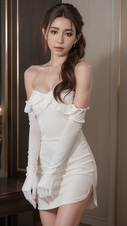 best quality, masterpiece, (photorealistic:1.4), 1girl, cowboy shot, luxury elegant bare shoulder dress, dramatic lighting, hair over shoulders, white gloves, v arms, luxury hall background, night, japanese face, braid hair, small breasts