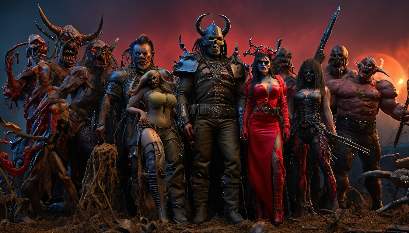 A detailed 3D rendering of  lot of characters from a movie for slave girls from beyond infinity, inspired by Clyde Caldwell and Greg Rutkowski, futuristic apocalypse, stalenhag, metal album cover, gwar, heavy metal band promo, wayne barlowe pierre pellegrini, (with Creepy, Sci-Fi, Fantasy and Horror:2.9) retro sci fi, Horror movie, very detailed body, moody, epic, ((Cinematic film)), ((Ultra Detailed)), Complex, ((Sharp Focus)), Object Texture, Studio Photo, Complex Details, ((Highly Detailed)), Photo Real Style, ((Hyper-realistic)), High Dynamic Range, ((Realistic Textures)), 8K UHD, Nikon D 850, Kodak Portra 400, Fujifilm XT, rich colors, (3D rendering:3.1)