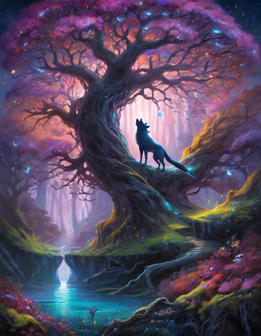 In this vibrant and surreal alternate universe, two worlds are intertwined, depicted side by side. The left side showcases a serene, ethereal forest teeming with an array of colorful, bioluminescent flowers that emit a gentle glow. Delicate, wispy tendrils of light float through the air, creating a dreamlike ambiance.
On the right side, a stark contrast emerges with a darker, more mystical landscape. Here, the flora is equally vibrant but with a more ominous hue, like dark purples and deep reds. Strange, glowing fungi dot the landscape, casting an eerie light.
Connecting these two worlds is a grand, ancient tree with roots and branches that stretch across the divide, symbolizing the balance between the two realms. Perched upon one of the branches is a mysterious, mythical animal—a creature with the body of a wolf, but with scales that shimmer like a dragon’s. Its eyes glow with an intense, otherworldly light, and it has wings that resemble those of a bat, giving it an appearance that is both beautiful and formidable.
The sky above transitions from a bright, star-studded night on the left to a swirling, tempestuous void on the right, enhancing the contrast between the two worlds. The overall scene should exude a sense of wonder, mystery, and the intricate balance between light and dark, nature and mysticism.