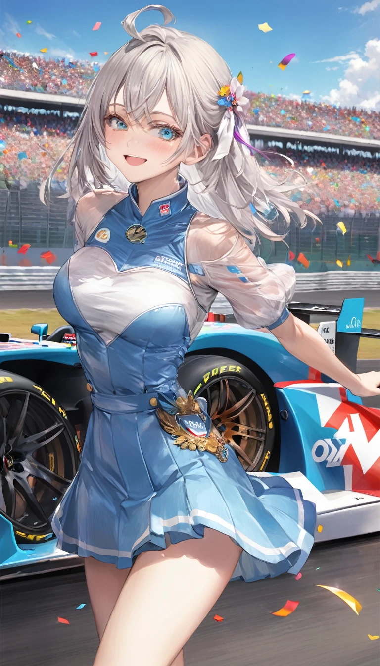 Highest quality, Great quality, 16K, Unbelievably absurd, Very detailed, 2.5D, delicate and dynamic, blue sky, Confetti, Race Car, flag, Small face, Very delicate facial expressions., Delicate eye expression, Upper body close-up, Single Sexy Women, Healthy and healthy body, 22-year-old woman, queen race, Height: 170cm, big, Firm and bouncy bust, Silvery white long hair, Long and sexy legs, 派手なqueen raceのコスチューム, Blue long skirt, Long white leather boots, Formula 1, Car Race Track