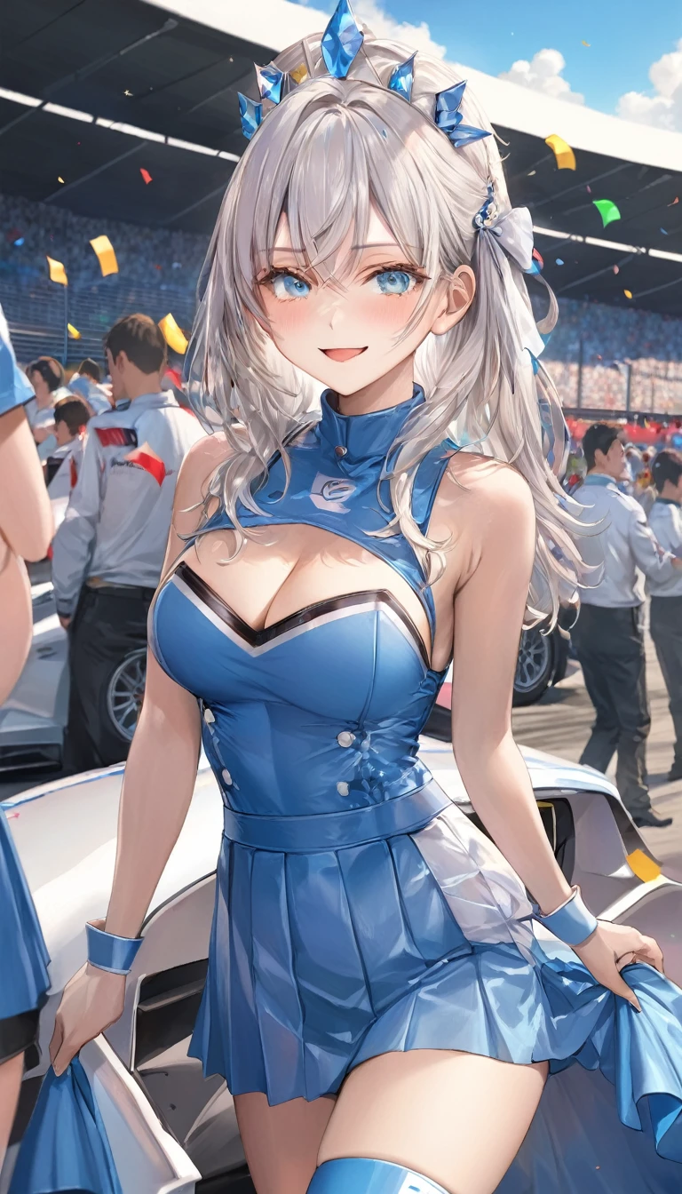 Highest quality, Great quality, 16K, Unbelievably absurd, Very detailed, 2.5D, delicate and dynamic, blue sky, Confetti, Race Car, flag, Small face, Very delicate facial expressions., Delicate eye expression, Upper body close-up, Single Sexy Women, Healthy and healthy body, 22-year-old woman, queen race, Height: 170cm, big, Firm and bouncy bust, Silvery white long hair, Long and sexy legs, 派手なqueen raceのコスチューム, Blue long skirt, Long white leather boots, Formula 1, Car Race Track