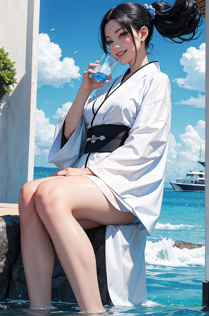 Smiling beautiful woman with black hair and white kimono drinking water under the blue sky
