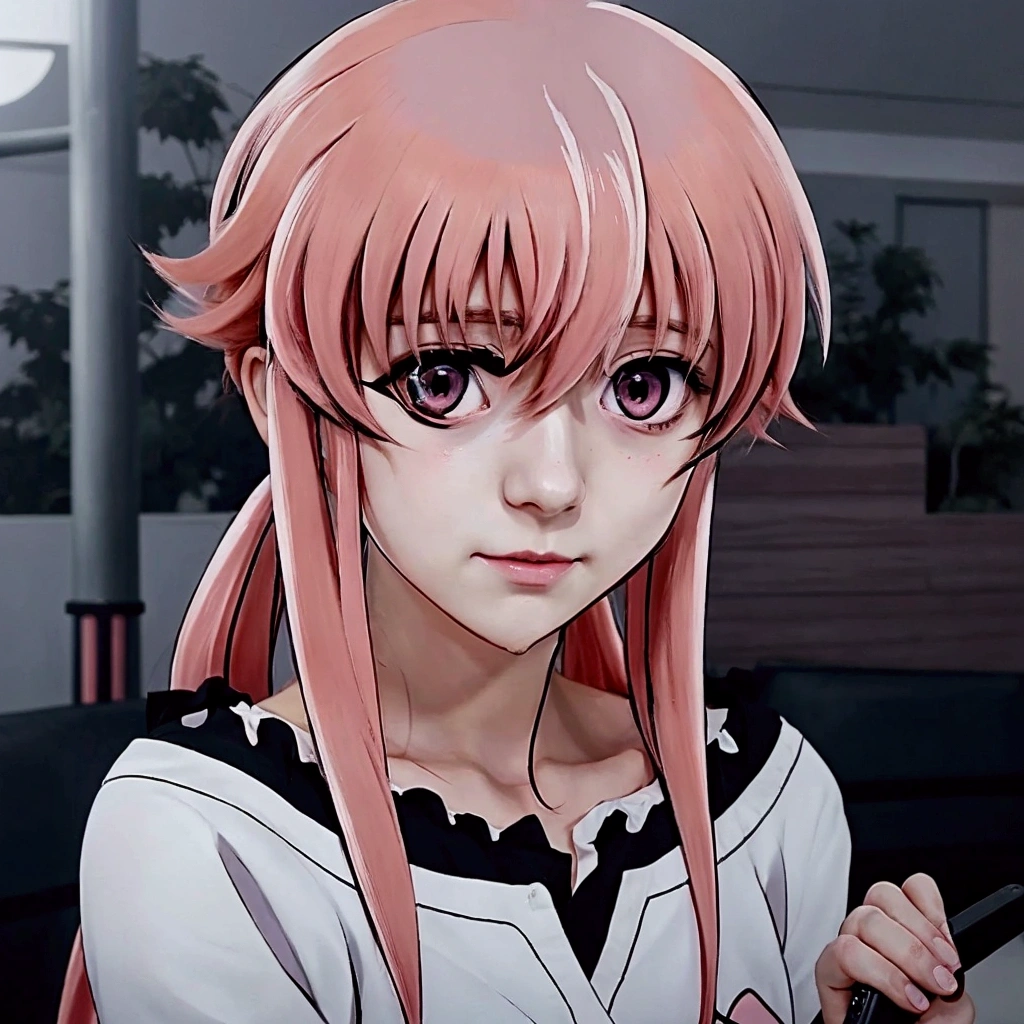 anime girl with pink hair and black and white shirt holding a cell phone, anime visual of a young woman, gasai yuno, gasai yuno, female anime character, anime visual of a cute girl, cel shaded anime, anime character, anime girl named gasai yuno, gapmoe yandere, gasai yuno, as an anime character