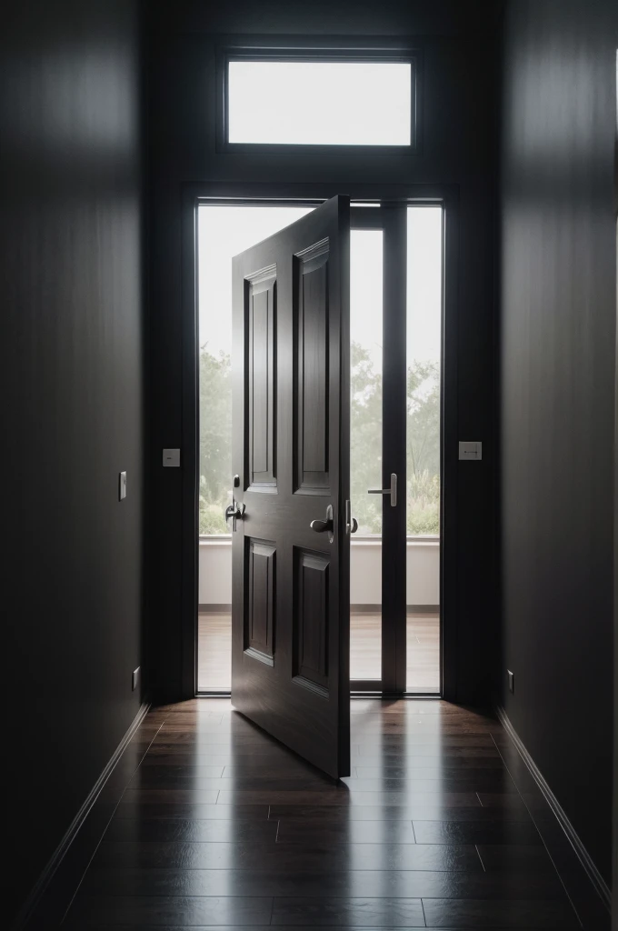Generates an image of a dark wooden door, on a black wall with a light gray floor in a large room