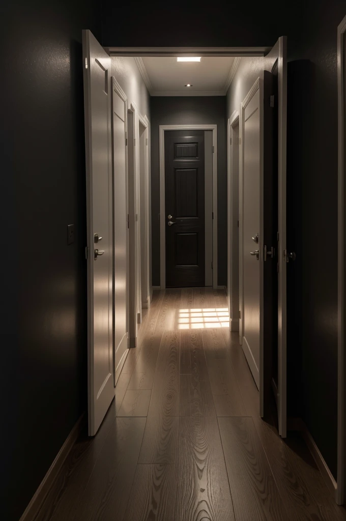 Generates an image of a dark wooden door, on a black wall with a light gray floor in a large room
