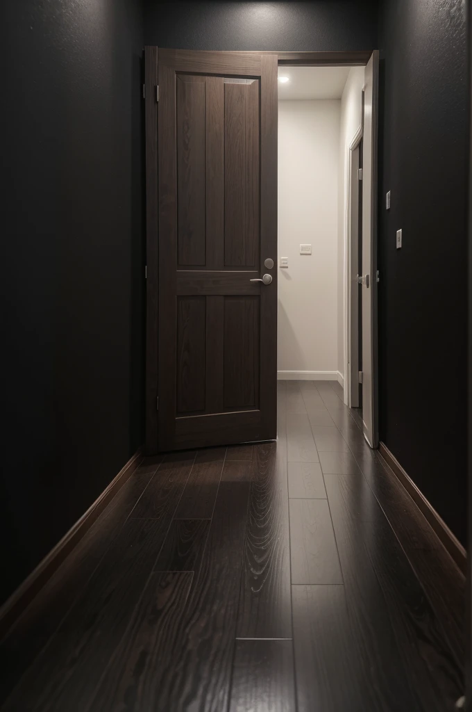 Generates an image of a dark wooden door, on a black wall with a light gray floor in a large room