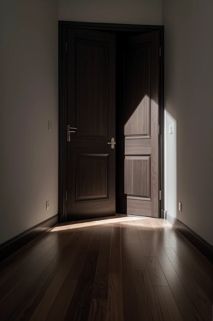 Generates an image of a dark wooden door, on a black wall with a light gray floor in a large room