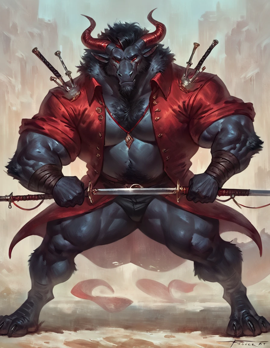 too Average sized, Anthropomorphic dragon his physique is achieved through a meticulous distribution of muscle and fat that creates a bulky body. Black scales. Black fur. Black Hair. Skin is a rich, deep black, with a subtle shimmer. His eyes are a piercing shade of Imperial red, framed by thick eyebrows. His attire, a black gambeson padded overcoat fabric vest with short sleeves, and with striking red salmon accents and intricate silver metal ornaments, is both functional and symbolic. The gambeson, a padded garment, The silver metal ornaments. Fur is predominantly black with salmon red-colored highlights. His chest hair is kept at a moderate length. Wielding a slashing sword in a rapier-like's hilt. Rapier aggressive stance. His predominant color is black and he got imperial red details. Anthro Artist Taran Fiddler art Style, epic character, olhos detalhados, Olhos lindos, escalas detalhadas.