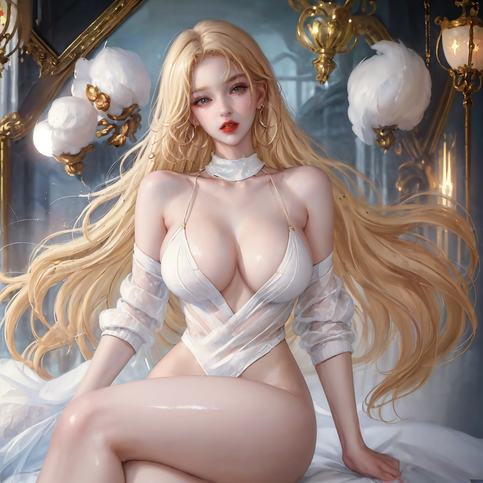 ((Top Quality, 8 thousand, Masterpiece: 1.3)), extremely charming girl, full body photo, huge breasts, breasts getting bigger, amazing breast size, G cup. Wearing big earrings, the skin is so white, the moist red lips, the waist is very thin, the thighs are very thin, the big ass, the skin is fair and smooth, the skin is smooth and fair, the skin is flawless, the skin is fair and shiny, the skin is cold and white, the camera focuses on the chest, the bright light, the white sweater, the lower body is exposed, the shoulders are bare, the light blonde hair, the hair is light blonde