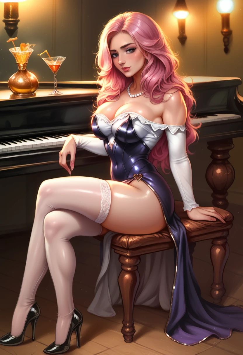 Ultra-high quality photos, (Extremely detailed), High quality photos, RAW photo, (photorealistic:1.4), Stylized portrait of a glamorous miss fortune with long pink hair and pearl necklace, wearing a tight-fitting purple dress with floral patterns, thigh-high stockings, and high heels, sitting seductively on a grand piano holding a golden gun, background featuring a dimly lit nightclub with neon heart signs and a cocktail on the piano, photorealistic, cinematic lighting, sharp focus, 32k resolution, art by Greg Rutkowski, big breasts, perfect big ass, perfect fit body, hdr,toned abs,detailed hair,nsfw,hourglass body shape,photo realistic,hyperdetailed, detailed skin, highly detailed, hyperrealism ,narrow waist, shiny skin,bold brown eyebrows, eyeliner, smokey eyeshadow, blush,detailed skin,detailed anatomy,detailed face and eyes, jewerly,detailed hair, SK_CINEMATIC,
