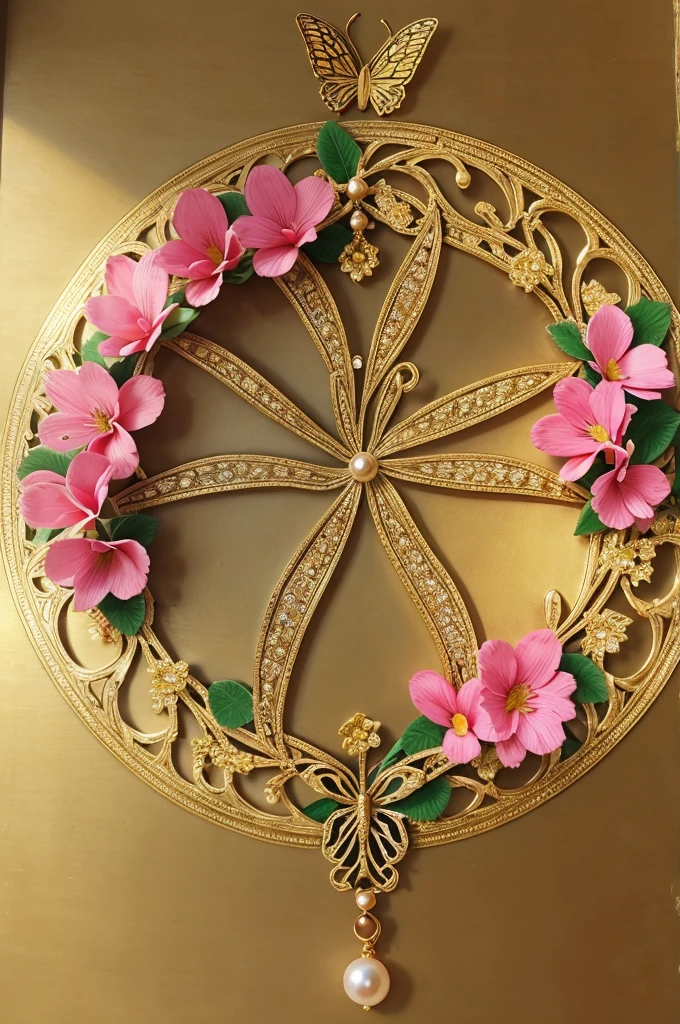 3d real photo realistic colorful flowers, butterfly pearls around circle background write name Ikramuddin in the center A beautiful flower garden full of trees plants flowers leaves very beautiful and on a huge plaque this name Golden This name Ikramuddin" is written in a very beautiful style with beads and colors in a beautiful style with the correct spelling in English. It has pink flowers around it. It is looking very nice.