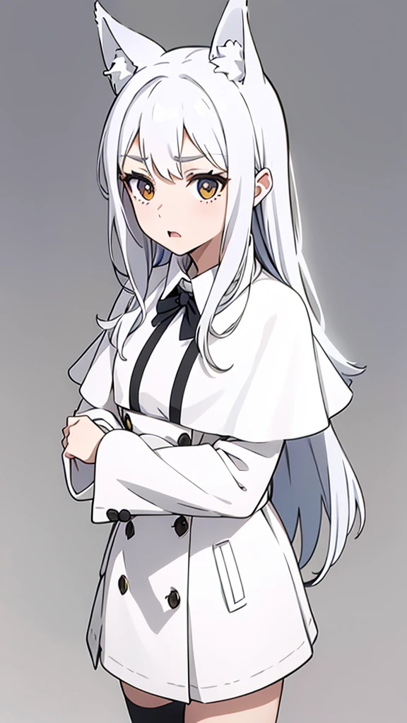 1girl ,solo,20s,mature female,serious face,white hair,long hair,fox ears,(simple background),white shirt,white skirt, fishnets,capelet coat