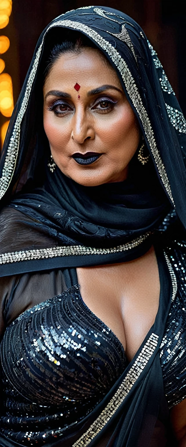Looks like Kareena Kapoor khan, Big chubby aunty, milf, cougar lady witch, horny Gothic milf, 70 years old gorgeous mature lady, pervert demoness, demoness of lust, curvy, black lips, horny face, extremely gorgeous, thick figure, heavy physique, voluptuous, curvy, sexy figure, Fashionable portrait of androgynous alien looking witch wearing veil, glowing eyes, futuristic design, minimal details, givenchy, photoreal, 200mm, hd, f/ 2.0, highly detailed, surreal, sexy beautiful evil woman, sexy bold sequin Saree with strapless Bra, chudail, Pishachini, horror genre, blood-thirsty enchantress, powerful female spirit, eerie, drop dead, in the style of red and blue, (intricate details, hyperdetailed:1.15) (skin texture:1.2), dark Moody tone, cinematic lighting, haunted place in background,