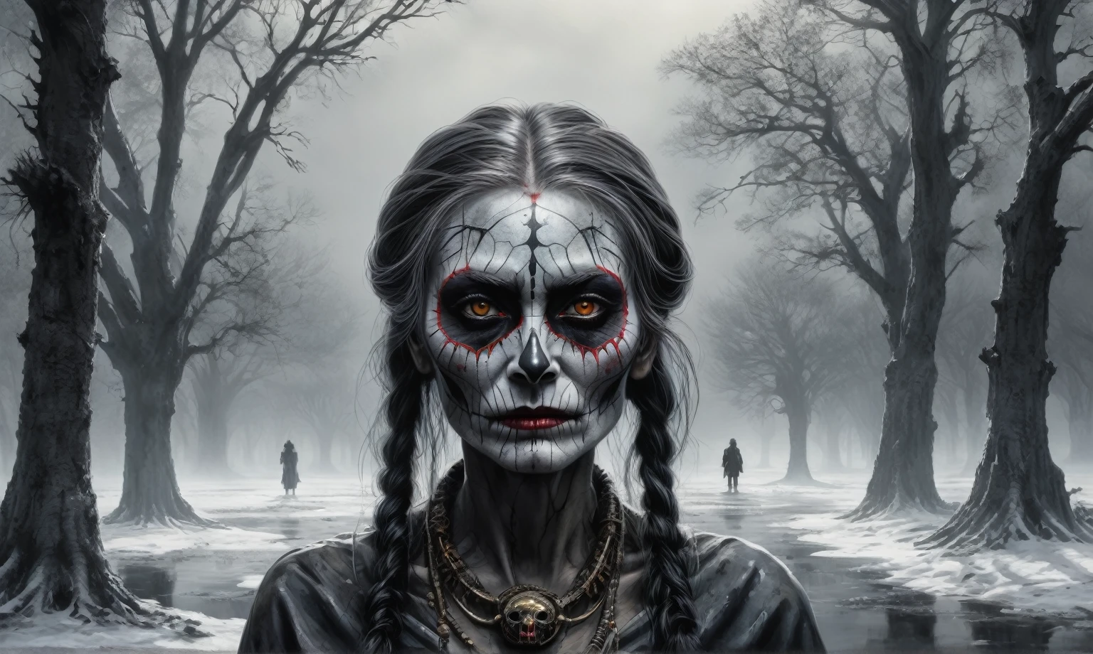 graphite old witch,after a psychiatric clinic,battlefield,winter,intricate landscape,slate grey atmosphere,glare eyes,film grain,dramatic light,twisted woods,luminous eyes,extremely detailed,landscape,masterpiece,intricate details,faded,eyes extremely detailed, high detailed eyes,16k resolution,RAW, Nikon Z9,full-body-shot,Vview from height,full body length shot,vampire,native african,lovely face,jealous,another world,ring of truth,French Braid with a Twist, jimmy chin,view from height,pretty face,eyebrow up,full body shot,ominous landscape,glate gray atmosphere,by art Simon Stalenhag,Nicola Samori,(((Wangechi Mutu))),prime colors,Lisa Frank,urban,extremely detailed, [night],masterpiece,intricate details,fade,brazilian carnival,niobium lather,Angkor Wat of Cambodia,Las Salinas de Torrevieja of Spain,"(The best lighting, dark, dramatic),(alien almost skull fetus, Hellraiser, Scars, , sexy, brain, a rat inside the head, terror.),(perl-white eyes, calaveras). morning light.
