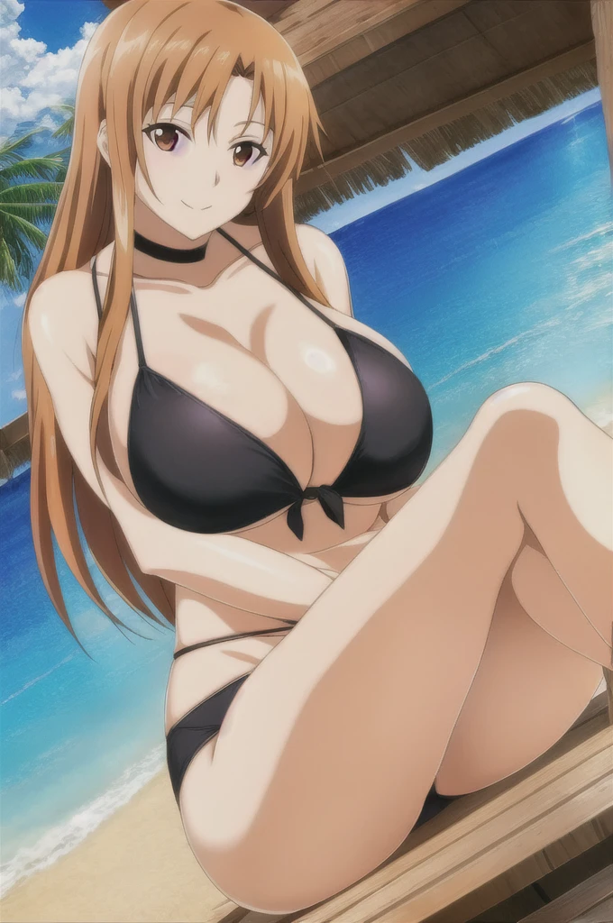 asuna, solo, long_hair, brown hair, breasts, looking_at_viewer, smile, large_breasts, cleavage, bare_shoulders, sitting, very_long_hair, brown_eyes, collarbone, choker, crossed_legs, black underwear, from_below, breasts, large breasts, big breasts, huge breasts, big tits, giant breasts, small bikini, bikini, bare shoulders, bare arms, beach, ocean, underboob