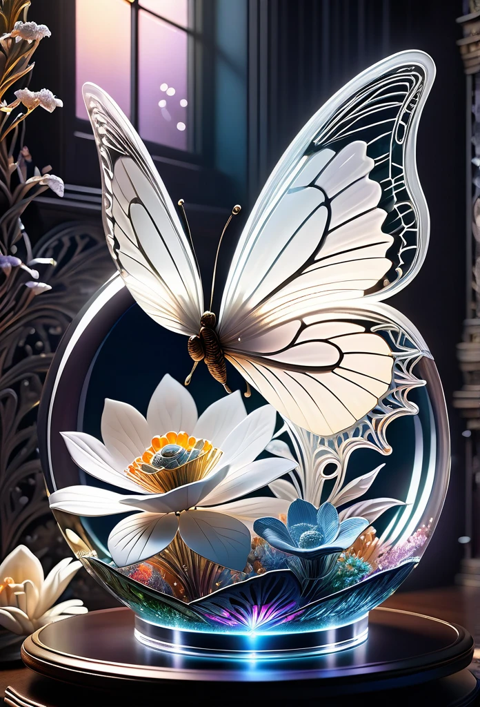(((masterpiece that captures the essence of white butterfly:1.3))), floating of stunning carve glass flower, gothic aquarium, transparent wish. (((intricate insane details and light and shadow atmosphere:1.3))), intricate details rich colors, (((stunning beauty 32k render:1.3))), (((holographic smoke glow:1.4))),