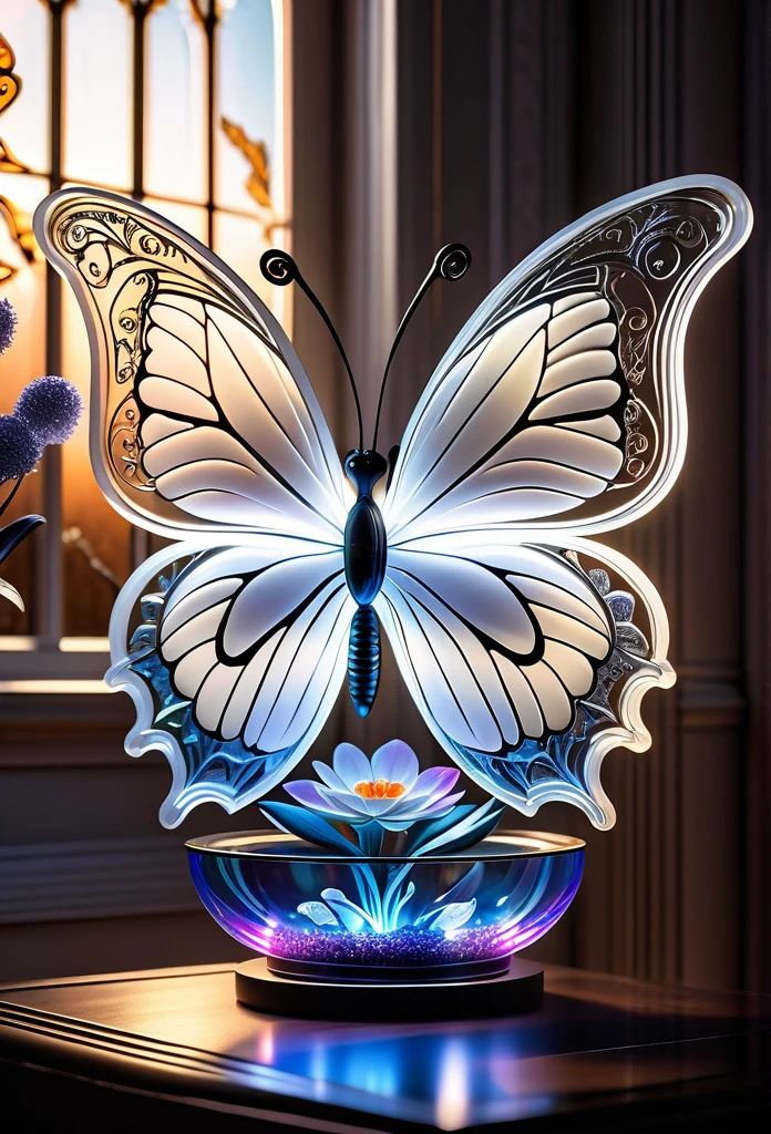 (((masterpiece that captures the essence of white butterfly:1.3))), floating of stunning carve glass flower, gothic aquarium, transparent wish. (((intricate insane details and light and shadow atmosphere:1.3))), intricate details rich colors, (((stunning beauty 32k render:1.3))), (((holographic smoke glow:1.4))),