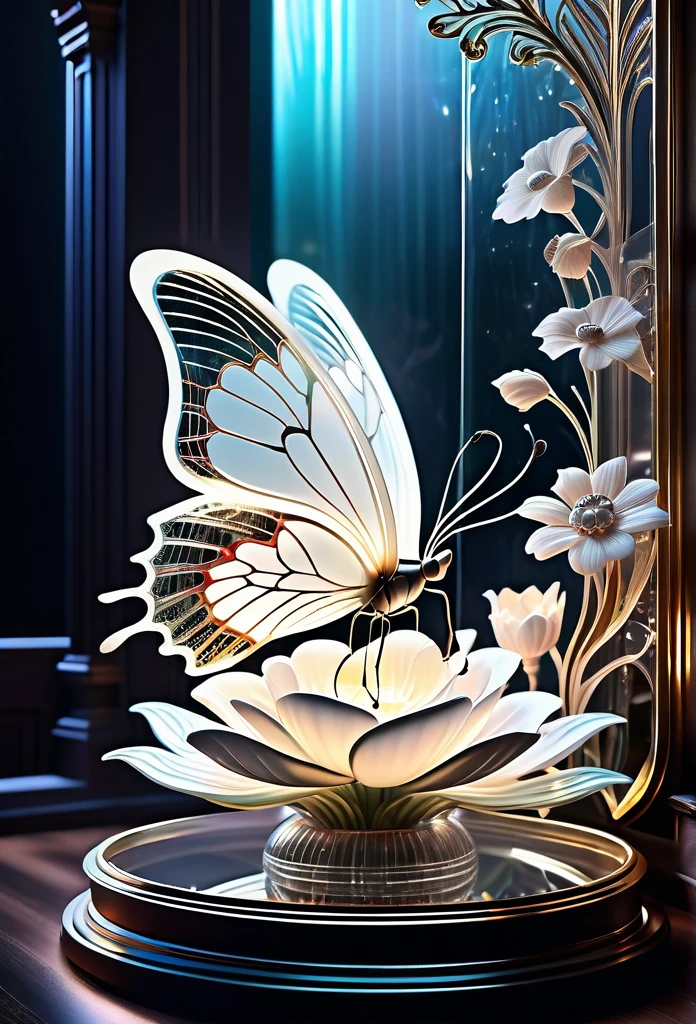 (((masterpiece that captures the essence of white butterfly:1.3))), floating of stunning carve glass flower, gothic aquarium, transparent wish. (((intricate insane details and light and shadow atmosphere:1.3))), intricate details rich colors, (((stunning beauty 32k render:1.3))), (((holographic smoke glow:1.4))),