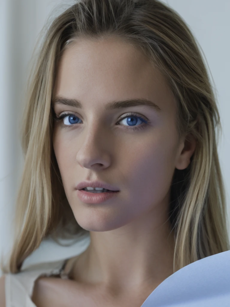 Fille blonde , Selfie , holds a sheet of paper , written in blue pen "Guillaume" , Realist , photo a little dark