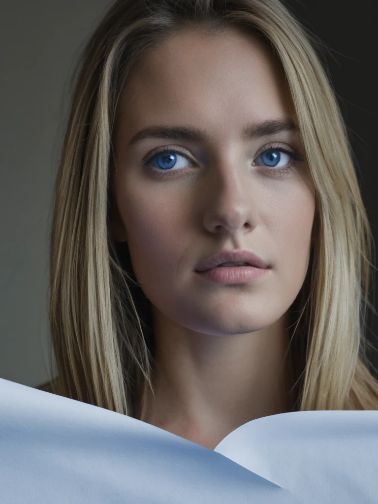 Fille blonde , Selfie , holds a sheet of paper , written in blue pen "Guillaume" , Realist , photo a little dark 