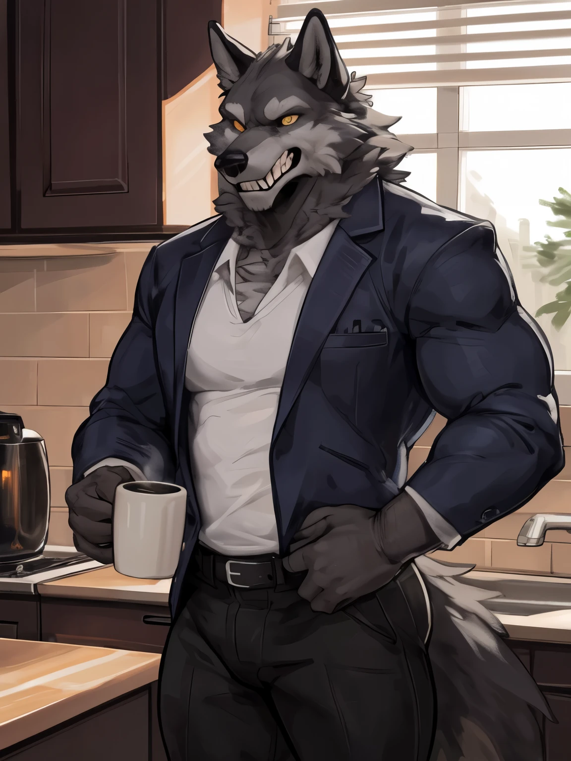 (soft shading), 4K, ((detailed face, detailed eyes, detailed pupils, detailed teeth, best quality, art, detailed anatomy, detailed muscular body, detailed male body, detailed hands, detailed fingers, soft lighting, perfect lighting, perfect shading)), by buta99, by zackary911, by dangpa, 1 man, gray wolf, strong gray wolf, alpha gray wolf, yellow eyes, look of an alpha, muscular body, defined muscles, six pack, mesomorphic body, strong, big , tall, werewolf, he wears a white buttoned blouse, black pants, black shoes, he is holding a mug of coffee, he is holding a mug of hot coffee, he is in an American kitchen, scene of an American kitchen